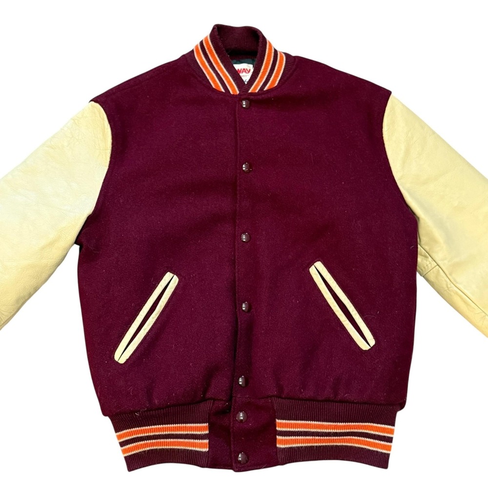 Vintage Holloway Varsity Jacket Mens Medium Red Leather Sleeve Blank 80s Wool